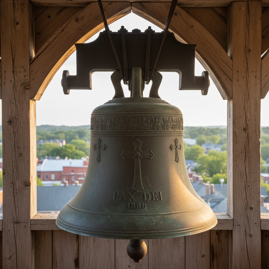 The bronze church bell bears inscriptions, including "Pax Dei 1888" and religious symbols, suspended from a wooden structu...