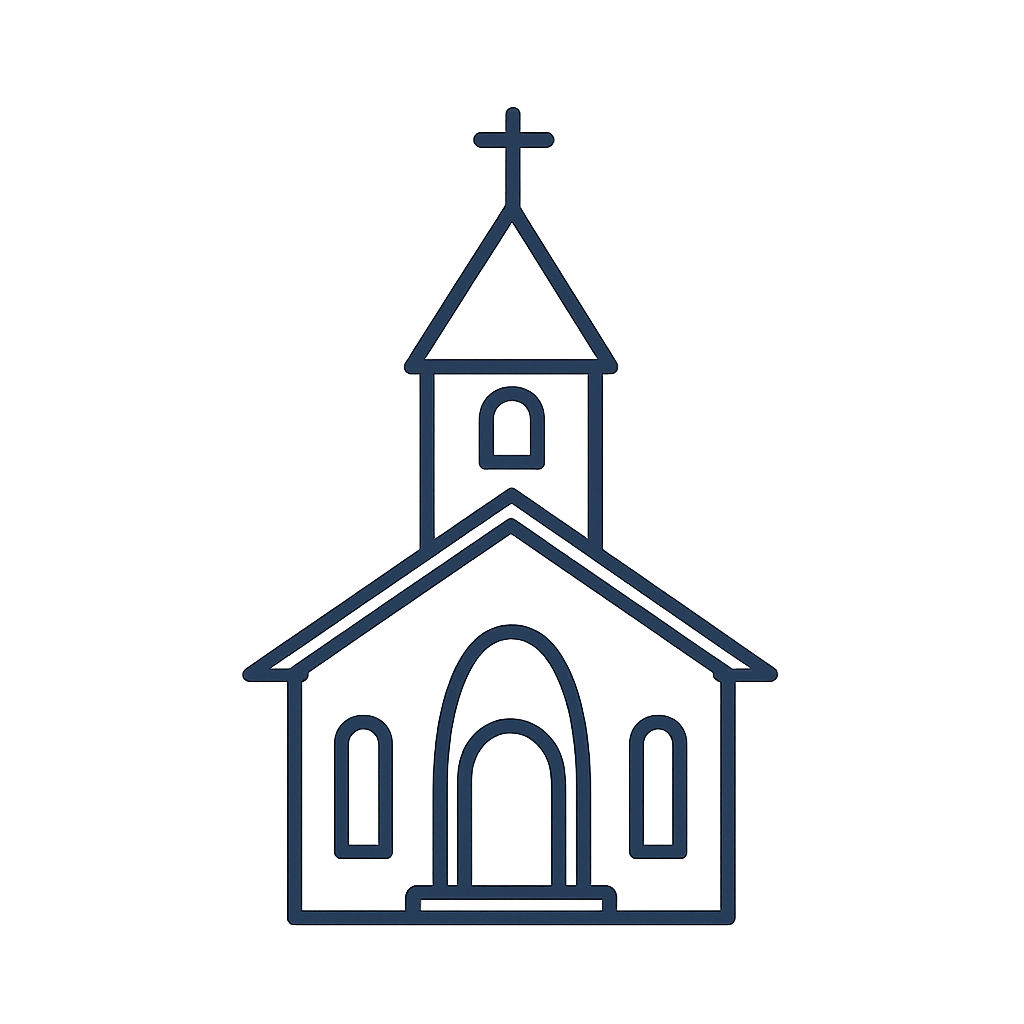 A one-line clipart image of a simple monochrome blue church.